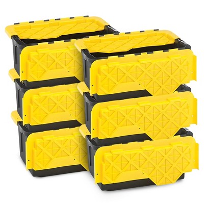 HOMZ Durabilt 15 Gallon Storage Tote Home Organization Heavy Duty Container Stackable Bins with Hinged Flip Lids, 6 Pack, Black and Yellow