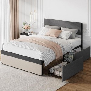 Full Bed Frame, Linen Upholstered Platform, Headboard and 2 Storage Drawers, Strong Metal Slats, Noise Free Mattress, No Box Spring Needed, Grey - 1 of 4