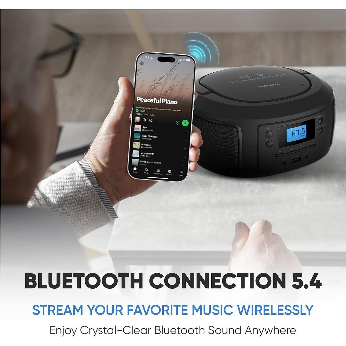 PHILIPS Portable CD Player Boombox with Bluetooth – Dynamic Bass Boost, FM Radio, USB/Aux Input, Compact Design - thumbnail 3