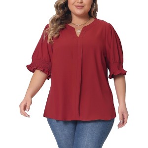 Agnes Orinda Women's Plus Size V Neck Puff Ruffle Sleeves Dressy Casual Summer Blouse - 1 of 4