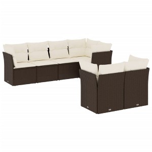 vidaXL Patio Sofa Set with Cushions Outdoor Furniture 7 Piece Poly Rattan - Brown and Cream - 1 of 4