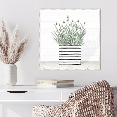 Lavender Blossom in Striped Pot Canvas Wall Art with White Frame