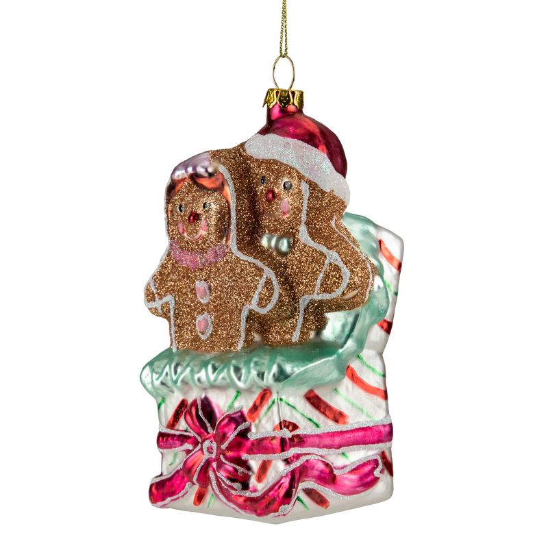 NORTHLIGHT 4.5" Glittered Gingerbread Couples in Gift Box Glass Christmas Ornament - Brown/Pink, 5 of 8