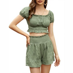 WhizMax Women's Two Piece Outfits Elastic High Waisted Shorts Off Shoulder Ruffle Crop Top Casual Short Pant Sets - 1 of 4