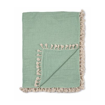 Image of Crane Baby 6-Layer Muslin Baby Blanket with Tassel Edge - Evergreen