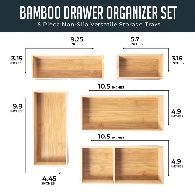 Luminuxe Bamboo Drawer Organizer Set, 5 Piece Non-Slip Versatile Storage Trays for Kitchen Utensils, Bathroom Essentials, Makeup & Jewelry Drawer Organizer Set — фото 3