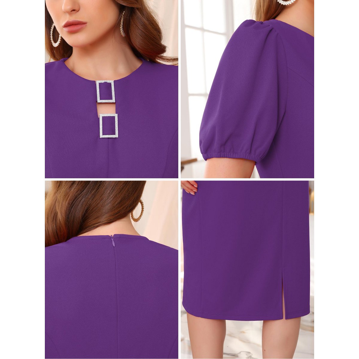 Женские платья INSPIRE CHIC Women's Puff Sleeve Keyhole Round Neck Elegant Sheath Business Midi Pencil Dress Medium Purple — фото 5