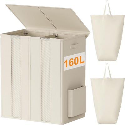160L Double Laundry Hamper with Lid, Large Laundry Basket with 2 Removable Bags, Breathable Dirty Clothes Hamper 2 Section