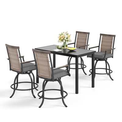 Captiva Designs 5pc Metal Bar Height Steel Dining Table with Umbrella Hole & Bar Swivel Chair with Armrest and Cushion