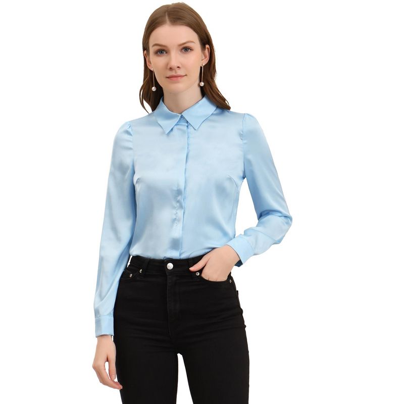 Allegra K Women's Office Satin Tops Collared Professional Long Sleeve Button-up Shirt, 1 of 7