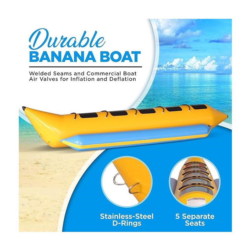 SereneLife Person Inflatable Banana Boat, Includes Storage Bag, Foot Pump, and Repair Kit, Tough and Thick, Reinforced Seats and Foot Areas, 3 of 8