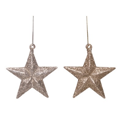 Transpac Glass Glitter Star Ornament Set of 2 Gold for Christmas Tree Decoration Indoor Gift Giving and Holiday Decor