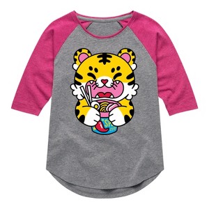 Girls' - Instant Message - Tiger Ramen Shirt Tail Raglan Graphic T-shirt - 1 of 4