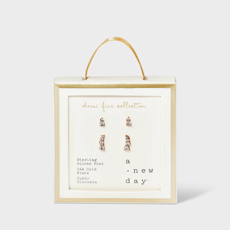 14K Gold Plated Cubic Zirconia Duo Stud Earring Set 3pc - A New Day&#8482; Gold, 4 of 5