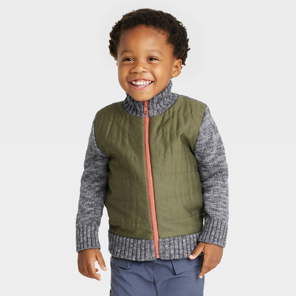 Toddler Boys' Quilted and Knit Zip-Up Sweater - Cat & Jack Olive Green 2T