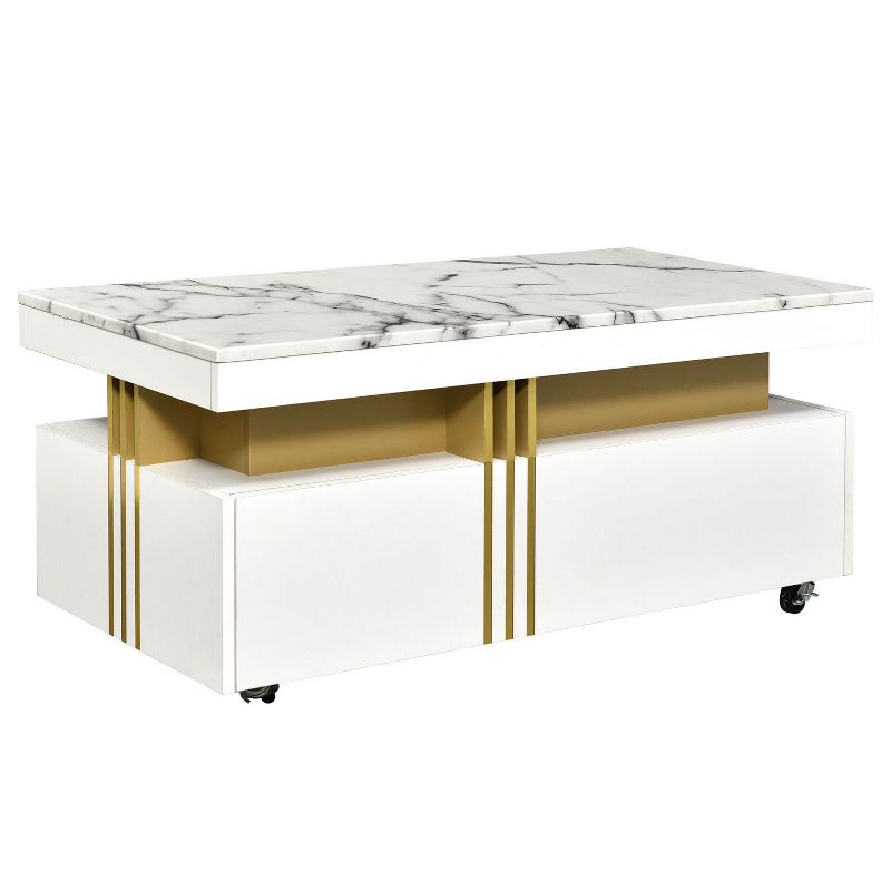 Contemporary Design Rectangle Coffee Table with Faux Marble Top, Cocktail Table with Caster Wheels - The Pop Home, 3 of 9
