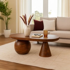 Royal Hampton Coffee Table | 38" Handmade Mango Wood Oval Top | Round Ball and Cone Base - 1 of 4