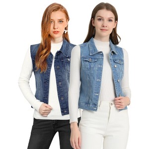 INSPIRE CHIC Women's Buttoned Washed Denim Vest with Faux Chest Flap Pockets 2 Packs - 1 of 4