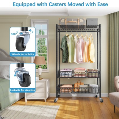 Black Powder-Coated Metal Rolling Garment Rack with Wire Shelves