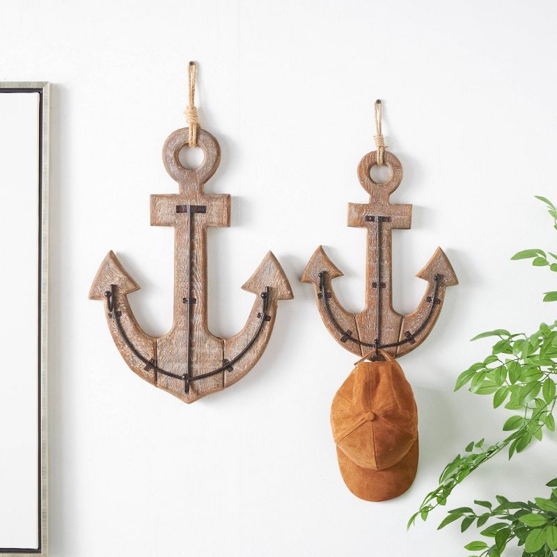 Set of 2 Wood Anchor White Washed 4 Hanger Wall Hooks with Hanging Rope and Bronze Metal Accents Brown - Olivia &#38; May, 2 of 9