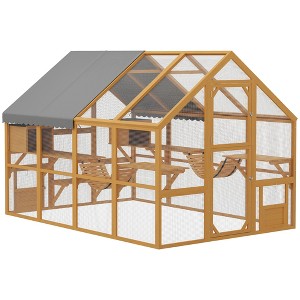 PawHut Large Catio Outdoor Cat Enclosure, Wooden Cat House for Multiple Kittens, with Waterproof Cover, Condos, Platforms, Bridge, Doors - 1 of 4