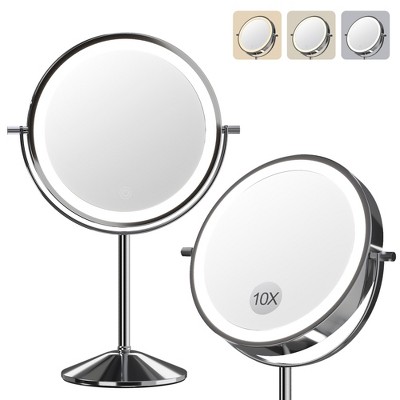 Makeup Mirror,360° Rotatable Height Adjustable Double Sided Mirror, 1x/10x True HD Magnifier,3 Colors,Adjustable Brightness
