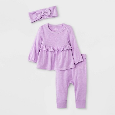 Image of Baby Girls' 3pc Cozy Top & Bottom Set with Headband - Cat & Jack™ Purple 0-3M