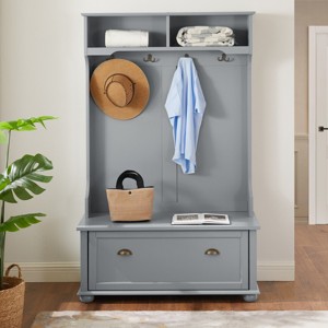 4-In-1 Design MDF Hall Tree Entryway With Bench ,4 Hooks Coat Rack And Shoe Storage,For Hallways,Living Room-Cuddlewood - 1 of 4