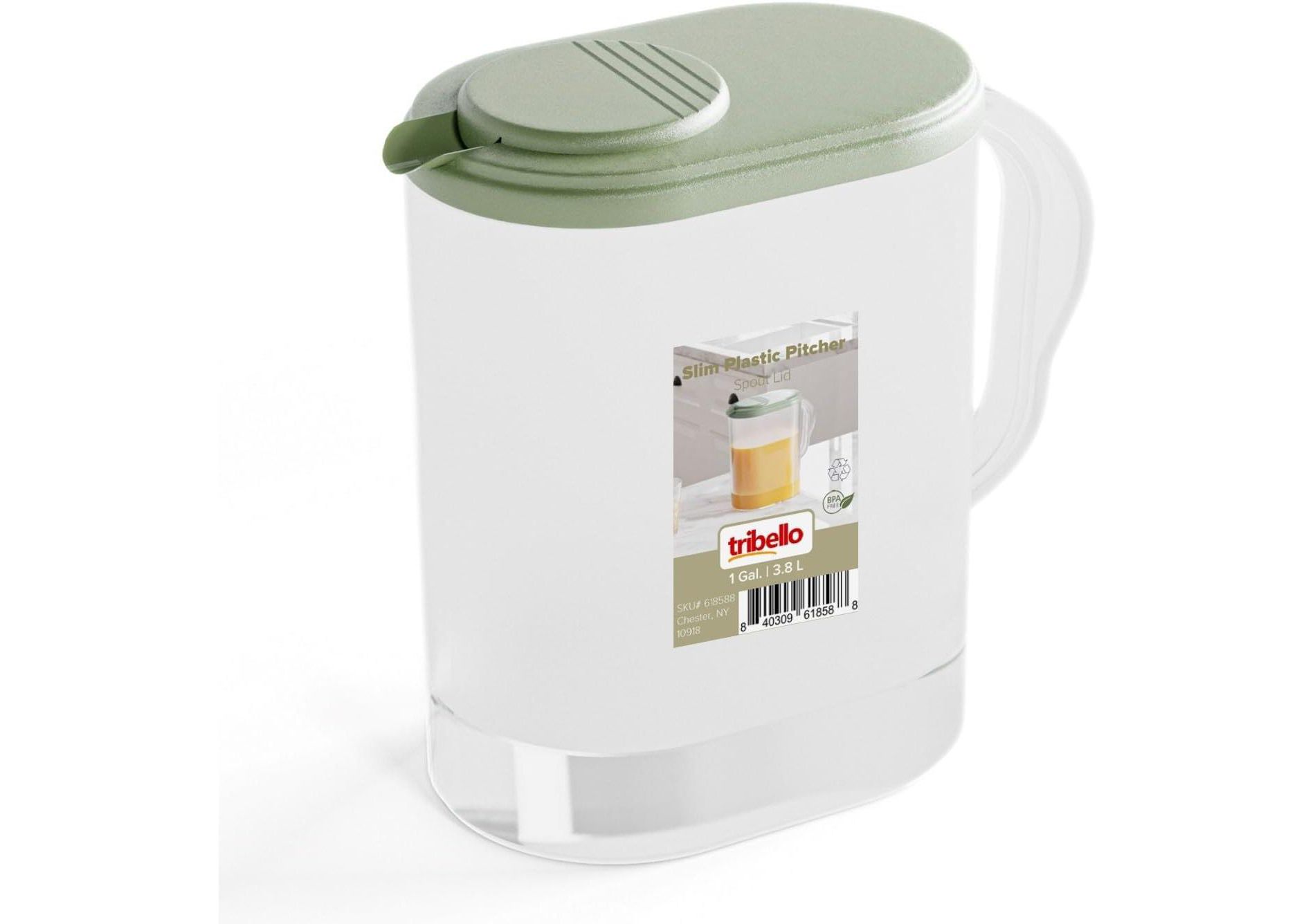 Tribello 1-Gallon Slim Clear Plastic Pitcher with Pivot Lid – Sage GreenSage Green BPA-Free, Fridge & Dishwasher Safe - Sage Green