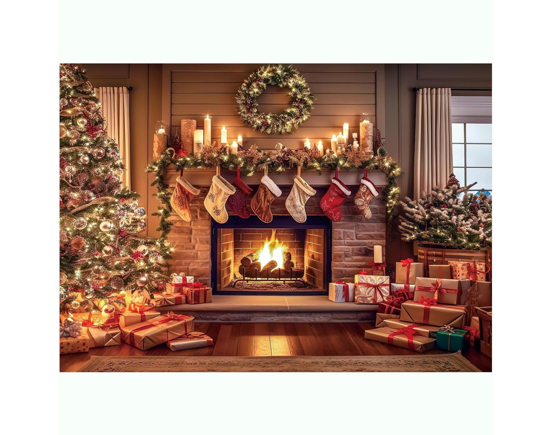 Christmas Fireplace Backdrop Christmas Xmas Tree Decoration for Photo Studio Props