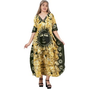 LA LEELA Women's Summer Holiday Beach Casual Dailywear Loose Caftan Long Boho Sleepwear Loungewear Dashiki House Dress 2X-3X Black, Sun - 1 of 4