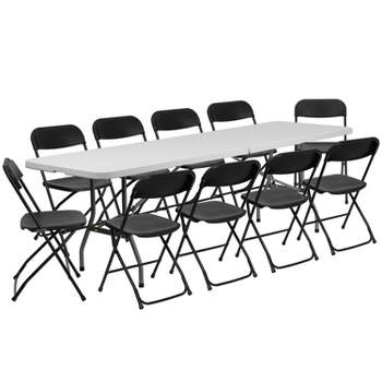 Emma and Oliver 8' Bi-Fold White Plastic Event/Training Folding Table Set w/ 10 Folding Chairs
