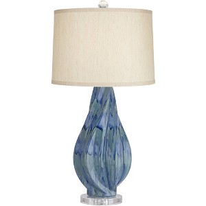 Possini Euro Design Modern Table Lamp with USB Charging Port 31" Tall Teal Blue Ceramic Beige Drum Shade Living Room Bedroom Bedside (Color May Vary) - 1 of 4