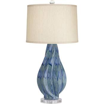 Possini Euro Design Teresa Modern Table Lamp 31" Tall Teal Blue Ceramic with Table Top Dimmer Beige Fabric Drum Shade for Bedroom Living Room Bedside