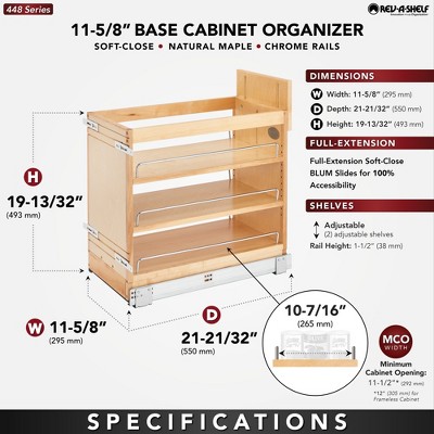 Rev-A-Shelf 11" Pullout Storage Organizer for Base Kitchen/Bathroom Cabinets, Spice Rack/Pantry Shelves with Soft-Close Slides, Wood, 448-BDDSC-11C — фото 2