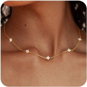 "14K Gold Plated Necklace for Women, Dainty Silver Gold Layered CZ Butterfly Heart Choker, Non-Tarnish Bridal Jewelry for Wedding Prom" - 1 of 4