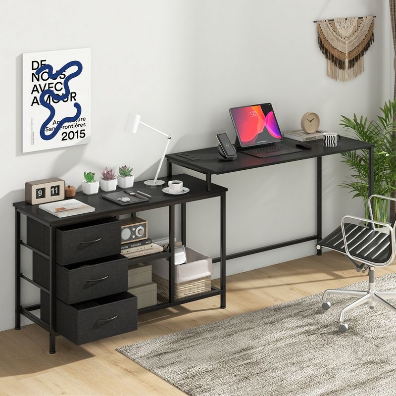 Costway L-shaped Computer Desk with Power Outlet, Drawers, Metal Mesh Shelves Rustic Brown/Black/White, 5 of 10