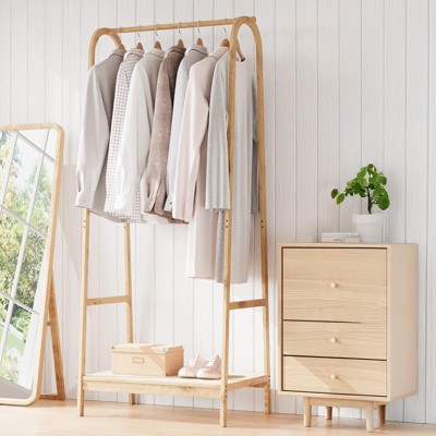 Wood Clothes Rack with Storage Shelf - Freestanding Garment Rack for Hanging Clothes, Coats, Skirts, Shoes & Plants - Ideal for Living Room, Balcony