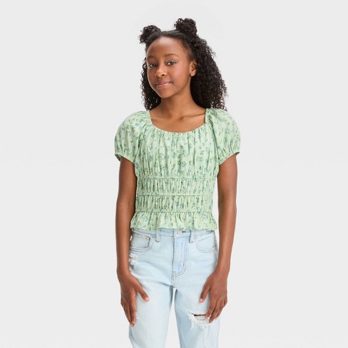 Girls' Short Sleeve Ruched Cropped Peplum Top - Art Class™ Green Floral M :  Target