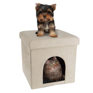 Pet Adobe Multipurpose Collapsible Pet House Ottoman with Cushion Top - 15" x 15", Tan - 1 of 4