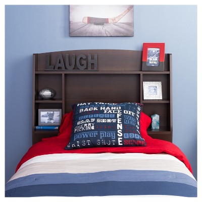 Espresso Twin Wood Bookcase Headboard with Storage
