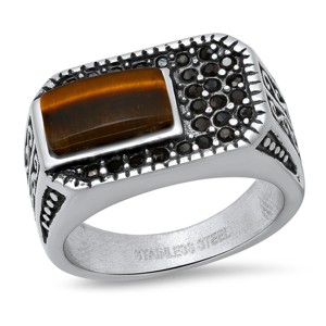 Steeltime Men's stainless steel, tiger eye and simulated diamonds ring - 1 of 4