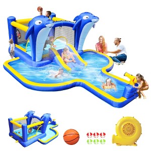 RISOKEYS 8 in1 Inflatable Bounce House, water park trampoline bouncing, with Dolphin Sprinkler, Target Games, Water Blasters, Basketball Hoop - 1 of 4