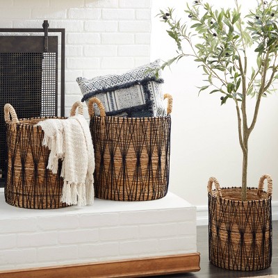 Handmade Brown and Black Banana Leaf Storage Baskets with Handles, Set of 3