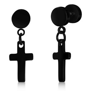 Metallo Stainless Steel Cross Charm Earrings - Black Plated - Black - 1 of 2