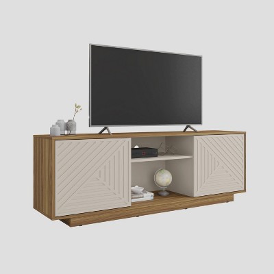 Modern Oak and White Chevron Pattern TV Stand with Cabinets