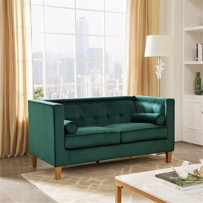 58'' W Love Seats ,Mid-Century Velvet Sofa with Bolster Pillows, Button Tufted Couch for Living Room, Tool-Free Assembly