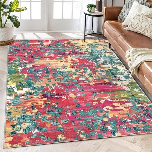 Modern Abstract Rug Machine Washable Throw Rug Boho Chic Abstract Watercolor Design Area Rug, 8'x10' Red Green - 1 of 4