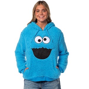 Sesame Street Women's Cookie Monster Embroidered Face Plush Fleece Hoodie - 1 of 4