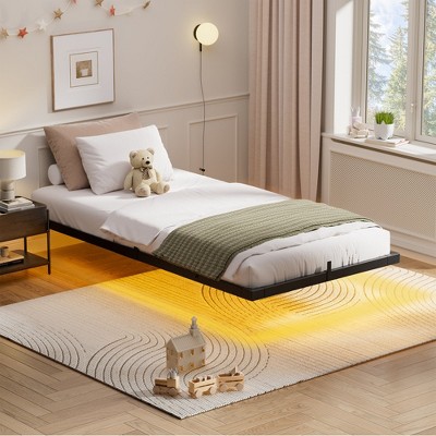 WOWLIVE Floating Bed Frame Twin/Full/Queen/King Size Metal Platform Bed with Charging Station and LED Lights